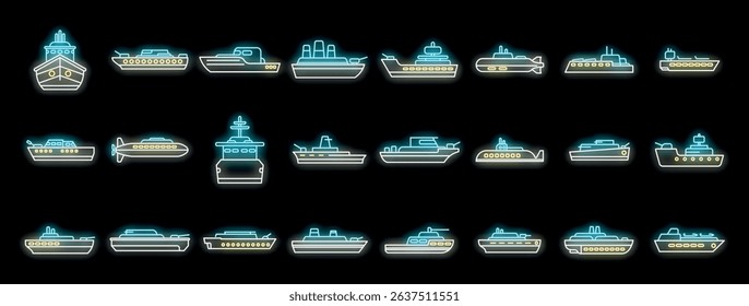 Collection of glowing neon icons representing various types of boats and ships, symbolizing maritime transport and seafaring vessels
