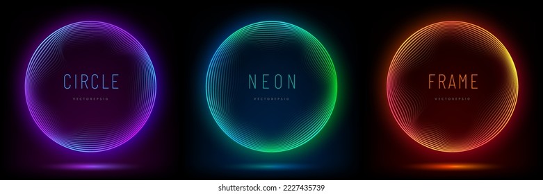 Collection of glowing neon lighting round lines on dark background. Set of blue, red-purple, green illuminate frame design. Abstract cosmic vibrant color circle backdrop. Top view futuristic style. - Shutterstock ID 2227435739