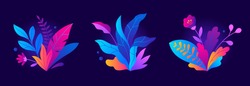 Collection Of Glowing Neon Tropical Leaves And Flowers On A Black Background. Set Of Isolated Elements In Flat Cartoon Style. Vector Abstract Illustration.