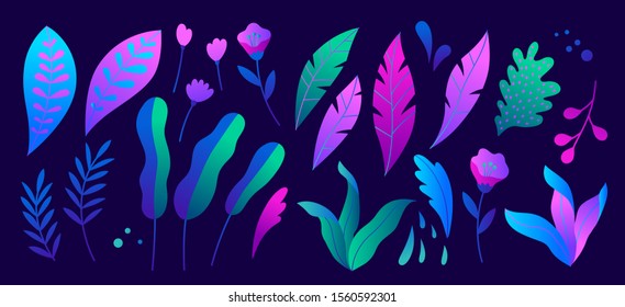 Collection of glowing neon tropical leaves and flowers on a black background. Set of isolated elements in flat cartoon style. Vector abstract illustration.