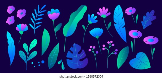 Collection of glowing neon tropical leaves and flowers on a black background. Set of isolated elements in flat cartoon style. Vector abstract illustration.