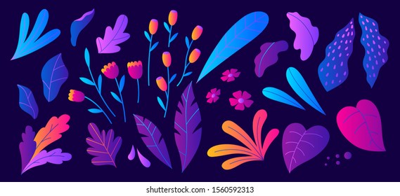 Collection of glowing neon tropical leaves and flowers on a black background. Set of isolated elements in flat cartoon style. Vector abstract illustration.