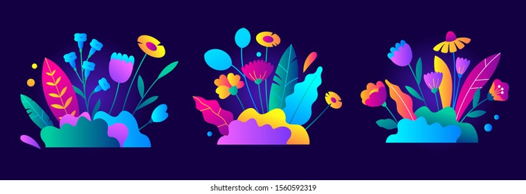Collection of glowing neon tropical leaves and flowers on a black background. Set of isolated elements in flat cartoon style. Vector abstract illustration.