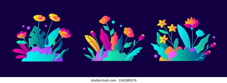Collection of glowing neon tropical leaves and flowers on a black background. Set of isolated elements in flat cartoon style. Vector abstract illustration.