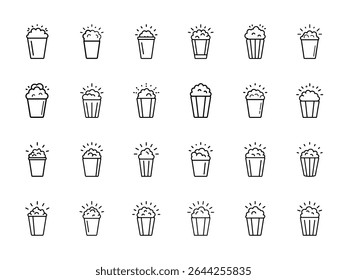 Collection of Glowing Popcorn Icon Silhouettes – Minimalist Line Art Style Popcorn Bucket Set on White Background for Cinema, Movie Night, Snack Bar, Food Apps, and Entertainment Design Projects