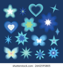 Uma coleção de formas brilhantes, incluindo estrelas, corações e borboletas em tons azuis e verdes sobre um fundo escuro, criando um efeito vibrante e luminoso. Vetor de conjunto de elementos brilhante bonito.