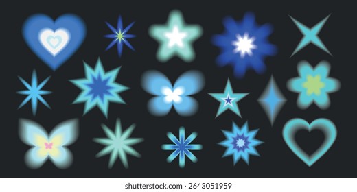 A collection of glowing shapes including stars, hearts, and butterflies in blue and green hues on a dark background, creating a vibrant, luminous effect. Cute glowing element set vector.