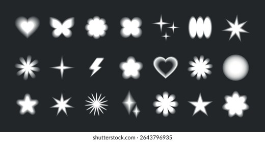 A collection of glowing shapes including stars, hearts, and flowers. Bright star shapes, heart shapes, and flower shapes create a luminous, glowing effect. Cute glowing element set vector.