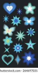 A collection of glowing shapes including stars, hearts, and butterflies in blue and green hues, set against a dark background. Vibrant stars and glowing hearts. Cute glowing element set vector.