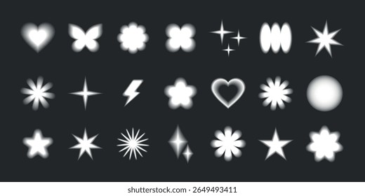 Uma coleção de formas brilhantes, incluindo estrelas, corações e flores. Formas de estrela brilhantes, formas de coração e formas de flor criam um efeito luminoso e brilhante. Vetor de conjunto de elementos brilhante bonito.