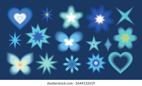 Uma coleção de formas de estrela e coração brilhantes em tons azuis e verdes em um fundo escuro. Estrelas e corações são brilhantes e vibrantes, criando um efeito luminoso. Vetor de conjunto de elementos brilhante bonito.
