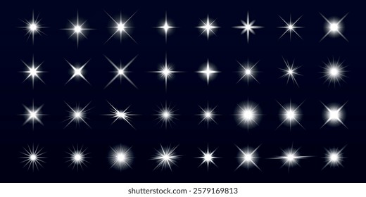 Collection of glowing starbursts on a dark background. Starbursts vary in size and brightness. Perfect for design projects needing starburst effects. Overlay effect vector element set.