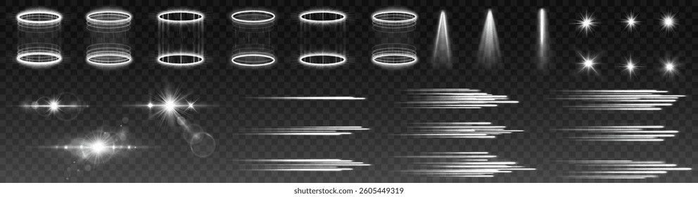 A collection of glowing white light effects on a transparent background, featuring sparkles, motion streaks, neon rings, spotlight beams, and illuminated square frames for design and overlays
