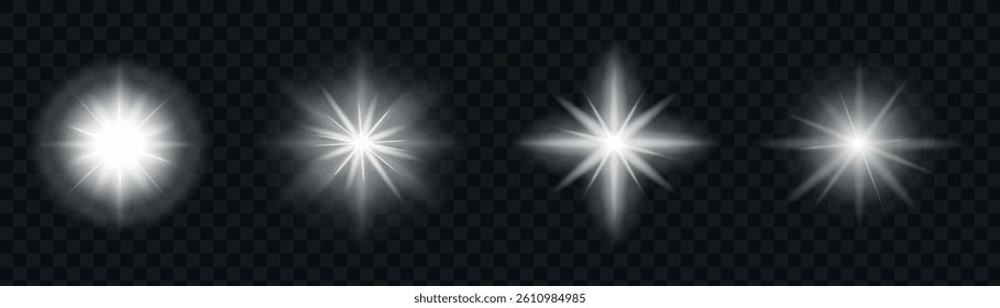 A collection of glowing white starburst light effects on a transparent background. For light flares, magical sparkles, or holiday highlights. Vector illustration