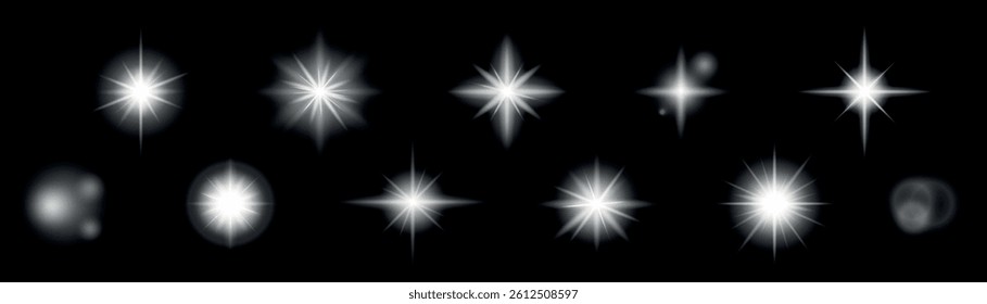 A collection of glowing white starburst light effects on a transparent background. 