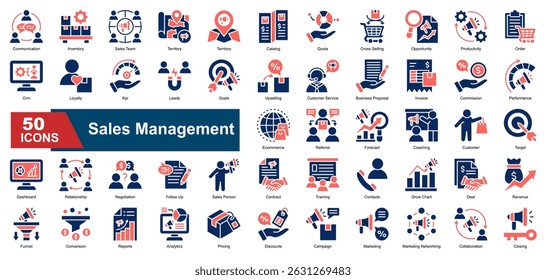 Uma coleção de ícones de gerenciamento de vendas de estilo de cor de glifo. Apresenta ordem, KPI, marketing, funil de vendas e muito mais. Melhor para visualizar dados de vendas em sua empresa.