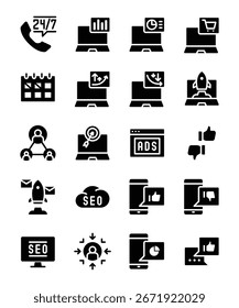 Colección de íconos de glifos que representan varios aspectos del marketing digital, incluyendo SEO, análisis de Sitio web, publicidad en línea y optimización de contenido