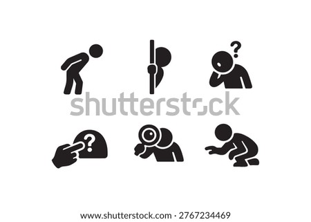 A collection of glyph icons representing various actions of searching questioning investigating and discovering solutions or new information