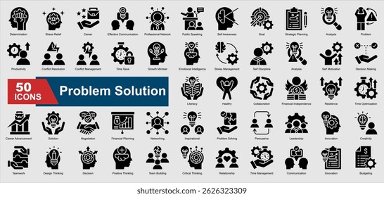 A collection of glyph Problem Solution icons. Includes decision making, conflict resolution, teamwork, negotiation, leadership, and more. Perfect for illustrations and designs.
