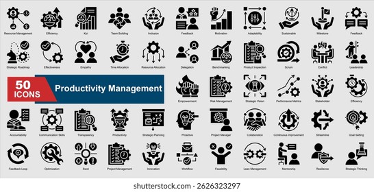 A collection of glyph Productivity Management icons. Includes efficiency, KPI, team building, motivation, leadership, and more. Perfect for illustrations and designs.