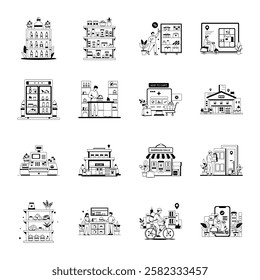 Collection of Glyph Style Shopping Store Illustrations 