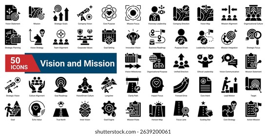 A collection of glyph style Vision and Mission icons. Containing leadership, goals, direction, values, alignment, roadmaps, and more. Perfect for business decks and presentations.