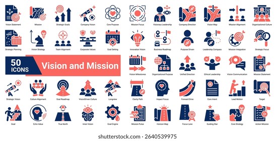 A collection of glyph style Vision and Mission icons. Containing leadership, goals, direction, values, alignment, roadmaps, and more. Perfect for business decks and presentations.