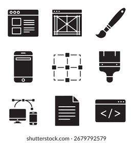 Eine Sammlung von Glyphen, die Webdesign, reaktionsfähiges Design, Benutzeroberfläche, UX und Grafikdesign darstellen.