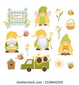 Collection of gnomes and bees for summer. Gnomes isolated. Garden gnomes. honey bees