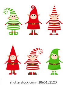 Collection of gnomes in Christmas costumes. Cartoon gnomes for New Year 2021. Cute gnomes are depicted with striped costumes in the style of Christmas. Vector illustration