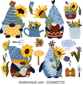 Collection gnomes holding a sunflower, gardening instruments, bouquets wildflowers in bucket, watering can. Bright sunflowers. Vector illustration.