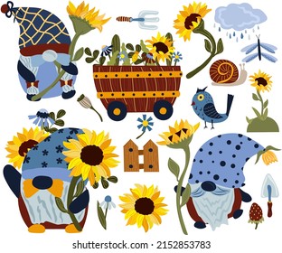 Collection gnomes holding a sunflower, gardening instruments, insect, bouquets wildflowers in garden wheelbarrow. Bright sunflowers. Vector illustration.