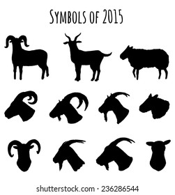 Collection of goat and sheeps silhouettes. Symbols of 2015  year. Vector eps10.