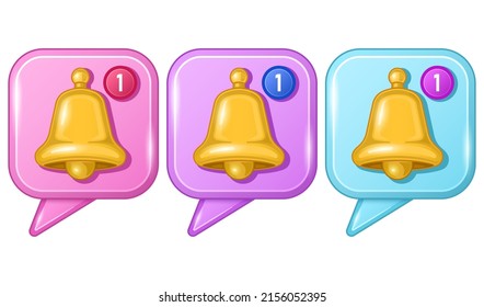 Collection gold bells in square speech bubbles 3d cartoon icons