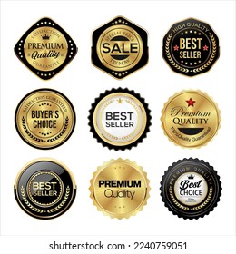 Collection of gold and black badges and labels vector illustration