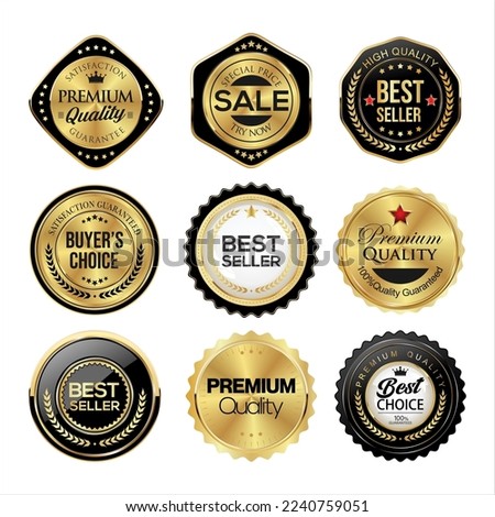 Collection of gold and black badges and labels vector illustration