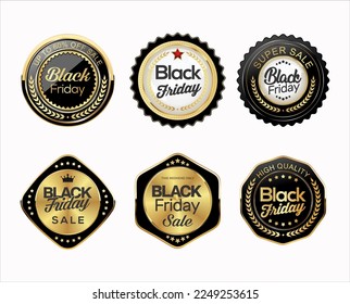 Collection of gold and black Black Friday badges and labels vector illustration