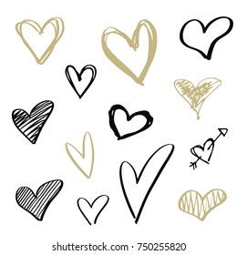 Collection of Gold and Black Handdrawn Hearts Isolated on White Background