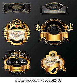 A collection of gold and black labels with the words welcome to invitation.