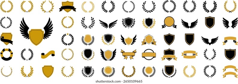 Coleção de Coroas de Ouro e Laurel Preto, Escudos, Asas e Fitas: Ícones Vetoriais Heráldicos Elegantes.