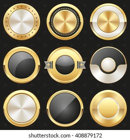 Collection of gold and black shiny luxury badge, rosette, button on black background