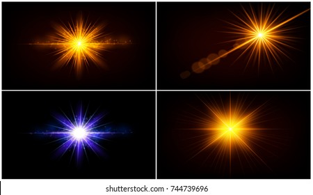 Collection of gold and blue Lens flare light effect. Abstract background with blurred shiny sparkles and glitter dust. Glowing bright flare with de-focused bokeh light.