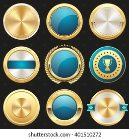 Collection of gold and blue shiny luxury badge, rosette, button on black background