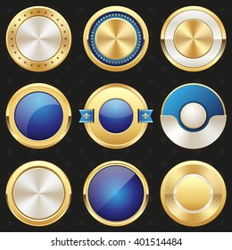 Collection of gold and blue shiny luxury badge, rosette, button on black background