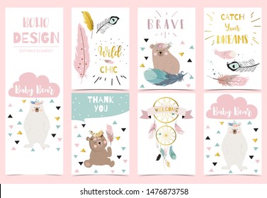 Collection of gold boho cards set with feather,dreamcatcher,bear.Vector illustration for birthday invitation,postcard and sticker.Editable element