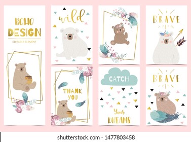 Collection of gold boho cards set with feather,flower,bear.Vector illustration for birthday invitation,postcard and sticker.Editable element