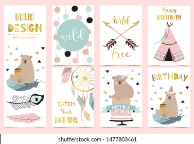 Collection of gold boho cards set with feather,dreamcatcher,bear.Vector illustration for birthday invitation,postcard and sticker.Editable element
