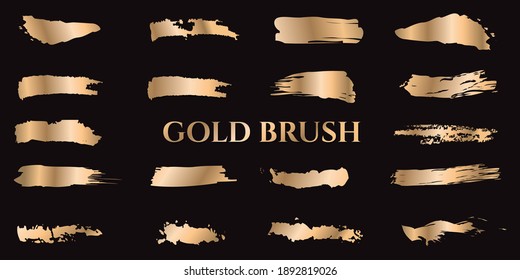 Collection of gold brush strokes isolated on black background around the lettering. Abstract gold glittering textured brush strokes. Vector illustration