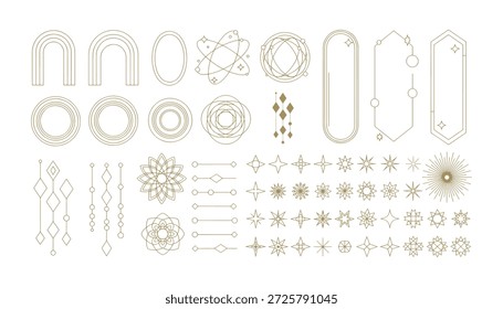 Coleção de quadros celestes de ouro, estrelas, mandalas e elementos de arte de linha geométrica mística.