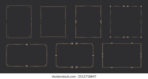 Colección Oro celestial marco esotérico mínimo, delgada línea dorada borde, luna, estrellas esquinas. Forma geométrica, tarrot aislado en fondo oscuro. Establecer forma geométrica, tarrot 